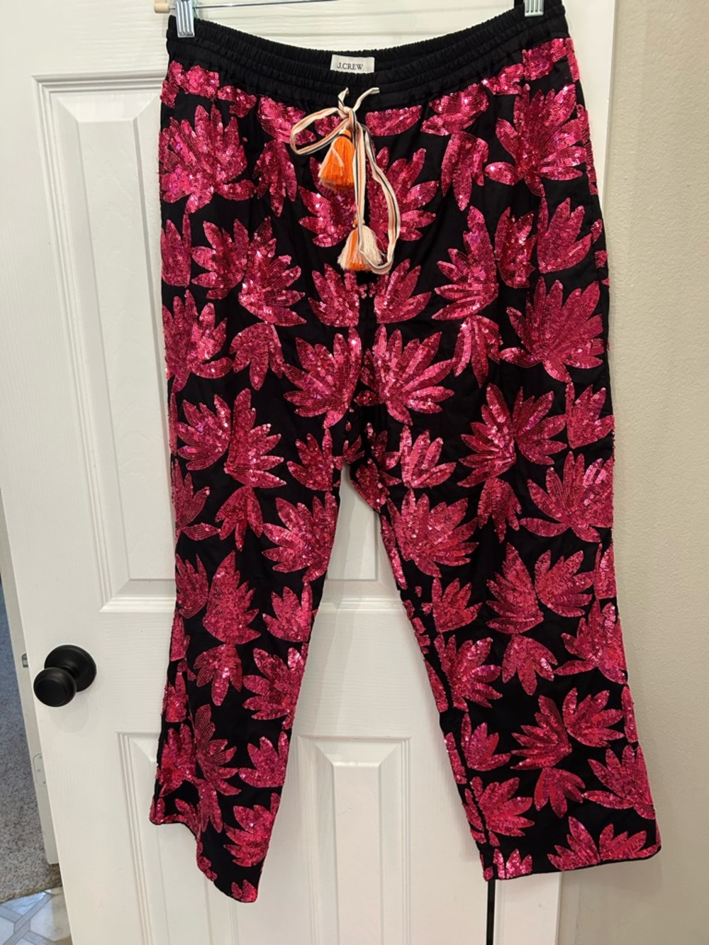 J. Crew Black Joggers with Hot Pink Sequin Floral Pattern open to offers!